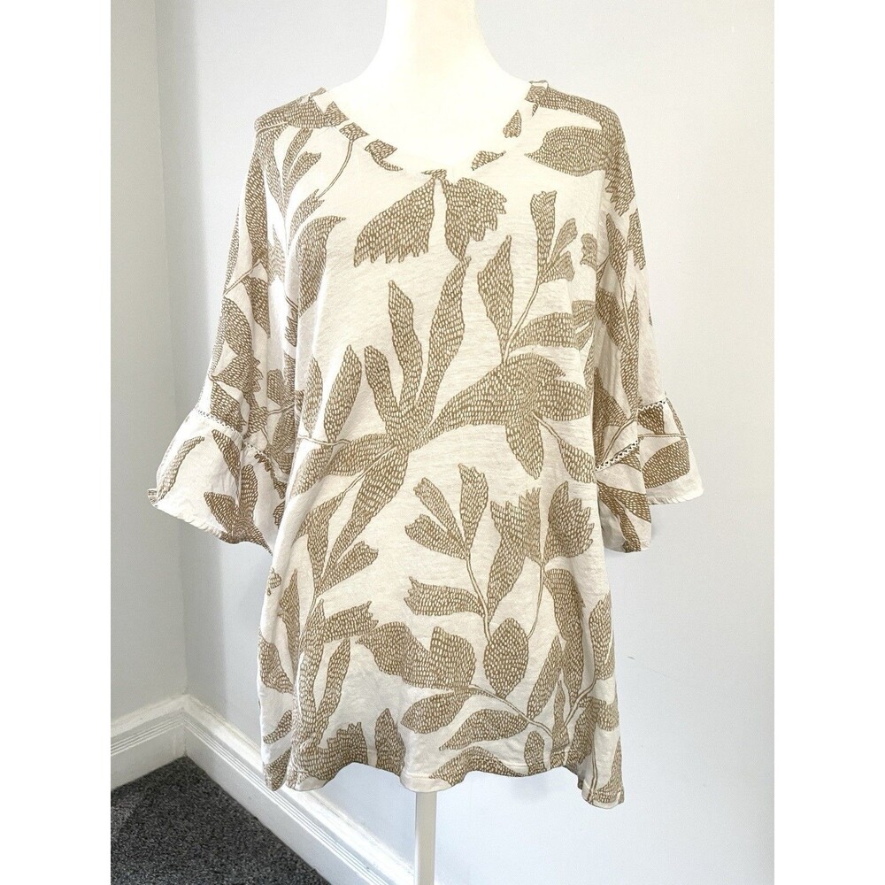 Chicos Linen Top Sz 4 Womens XXL Beige Leaf 3/4 Lace Inset Bell Sleeve